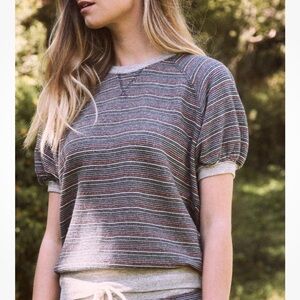 THE GREAT. Multi-Colored Striped Puff Sleeve Casual Sweater Top Size Small